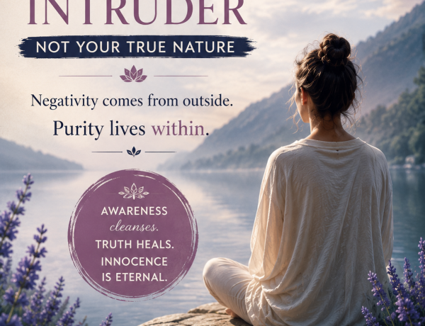 spiritual artwork showing peaceful meditation near a calm lake with soft lavender and muted blue tones symbolizing purity, awareness, and inner healing.