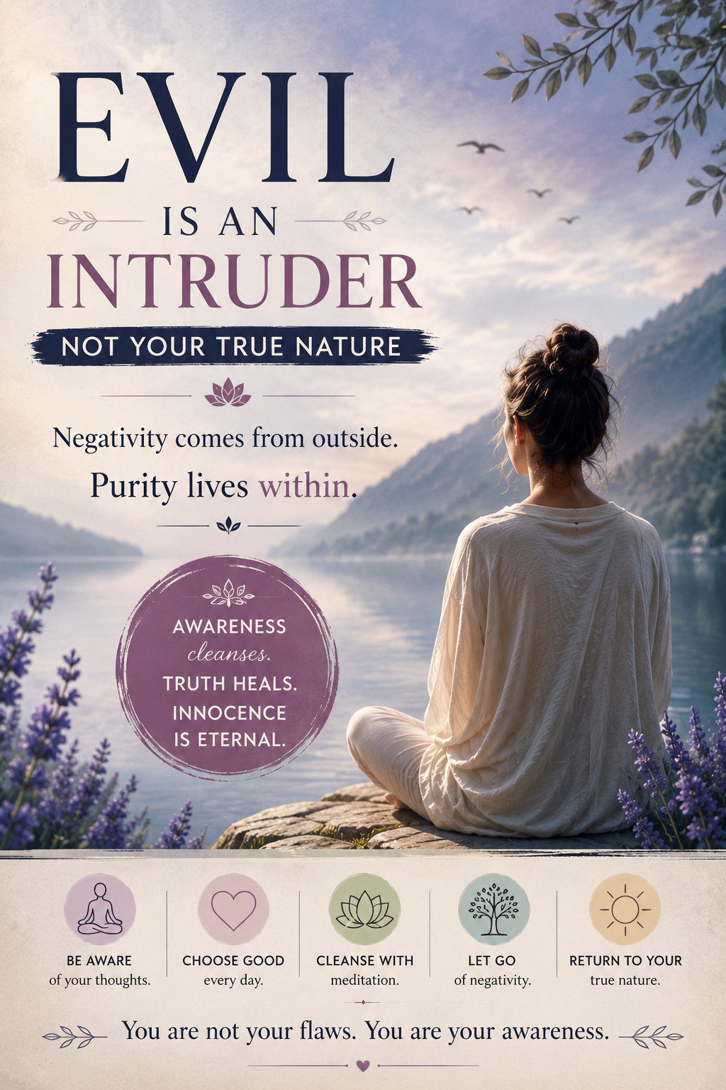 spiritual artwork showing peaceful meditation near a calm lake with soft lavender and muted blue tones symbolizing purity, awareness, and inner healing.