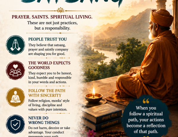 infographic featuring saintly atmosphere, prayer symbolism, spiritual icons, temple architecture, elegant typography, lotus flowers, and themes of trust, honesty, and spirituality