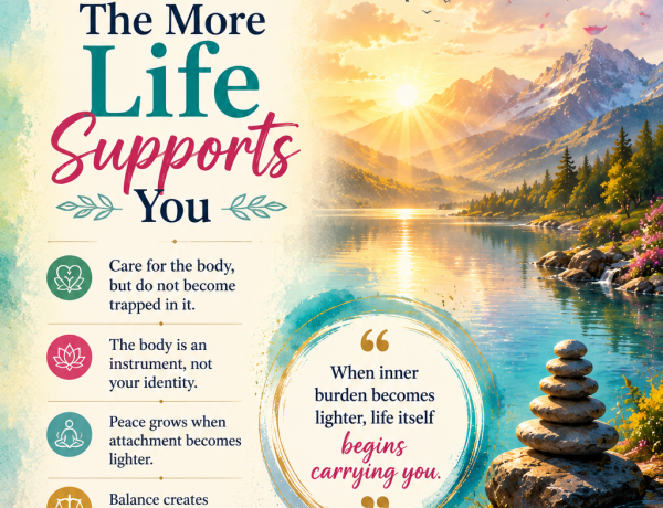 spiritual poster with colorful textures, peaceful mountain lake scenery, lotus symbolism, balanced stones, and elegant motivational typography about inner peace and balanced living.