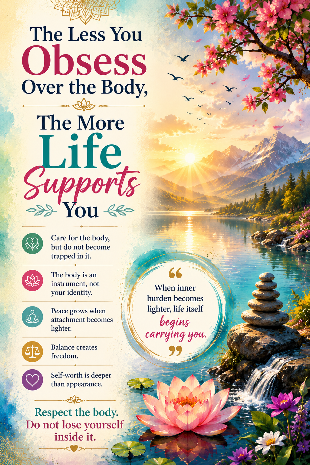 spiritual poster with colorful textures, peaceful mountain lake scenery, lotus symbolism, balanced stones, and elegant motivational typography about inner peace and balanced living.