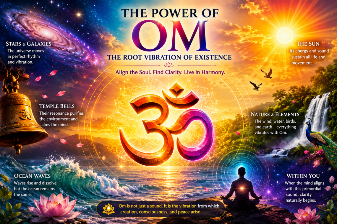 Colorful spiritual artwork featuring a radiant Om symbol surrounded by galaxies, temple bells, sunlight, ocean waves, meditation, and cosmic vibrations representing the root vibration of existence