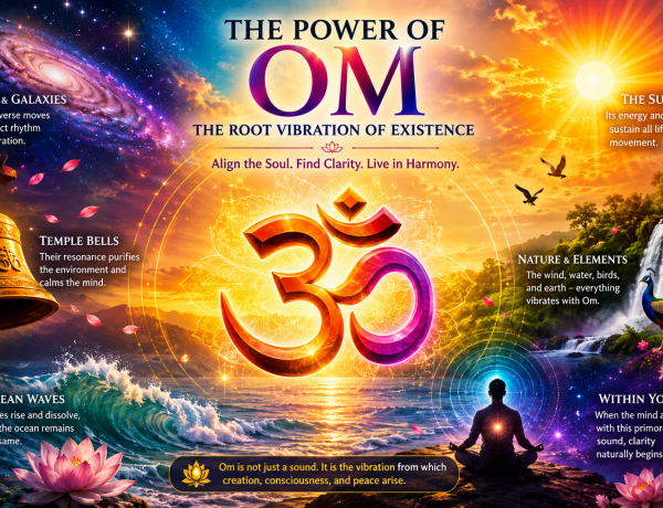 Colorful spiritual artwork featuring a radiant Om symbol surrounded by galaxies, temple bells, sunlight, ocean waves, meditation, and cosmic vibrations representing the root vibration of existence
