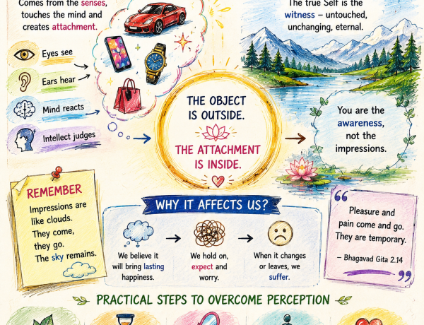 Spiritual illustration showing temporary worldly attractions on one side and inner awareness on the other, symbolizing freedom from perception and attachment.