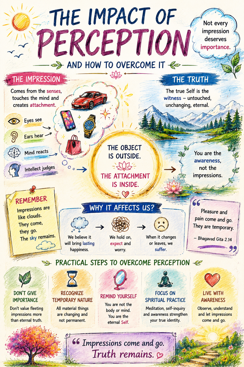 Spiritual illustration showing temporary worldly attractions on one side and inner awareness on the other, symbolizing freedom from perception and attachment.