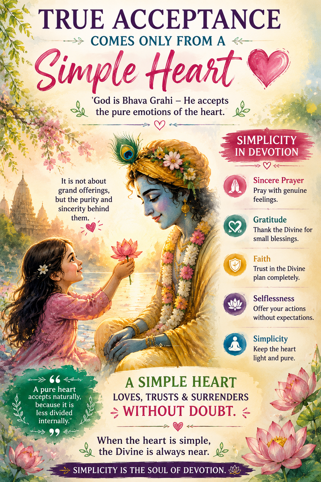 offering a lotus flower with themes of devotion, simplicity, sincerity, divine love, trust, and peaceful spiritual connection.