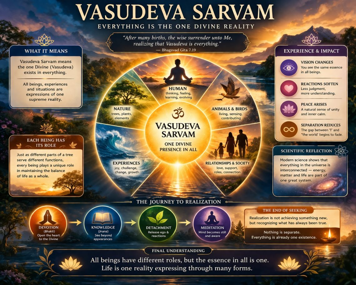 Vasudeva Sarvam visual diagram showing all beings connected to one Divine reality