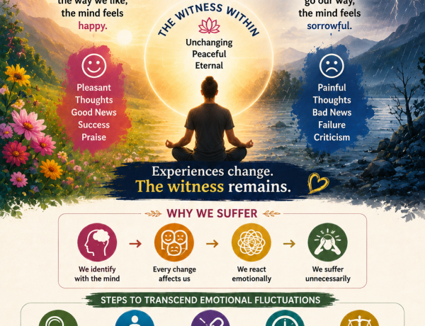 Spiritual illustration showing happiness and sorrow as passing experiences while the witness within remains peaceful and unchanged.