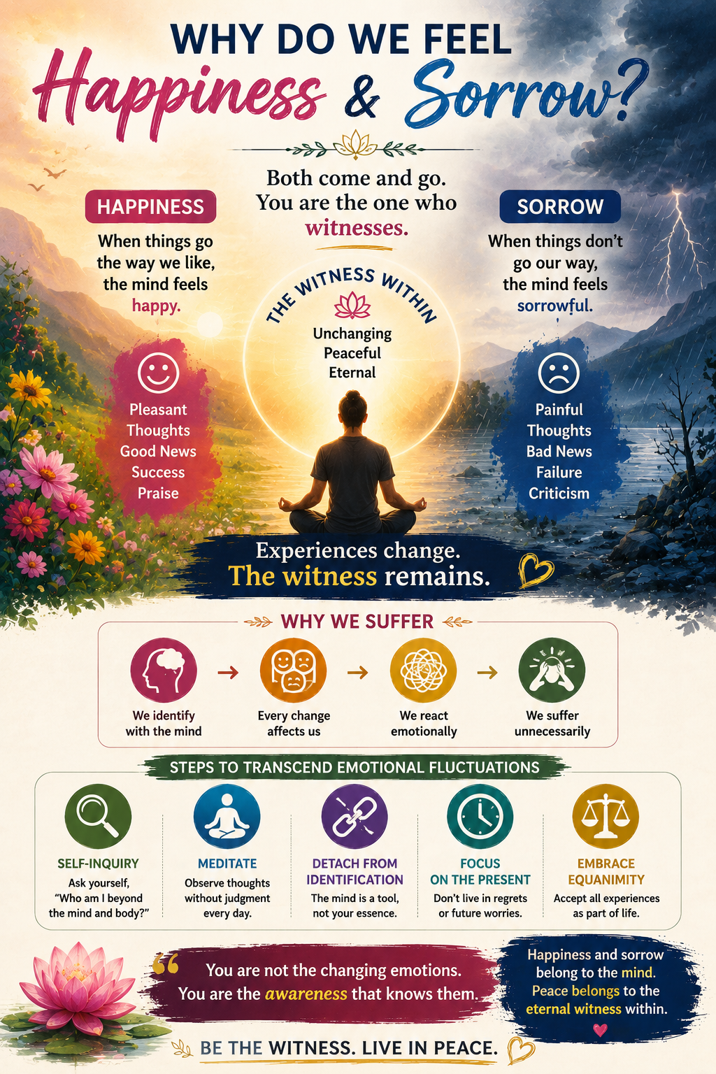Spiritual illustration showing happiness and sorrow as passing experiences while the witness within remains peaceful and unchanged.