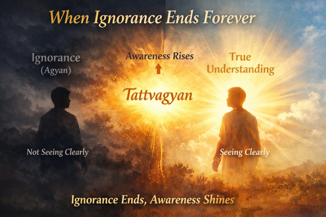 Transformation from ignorance (agyan) to awareness through tattvagyan, showing darkness turning into light