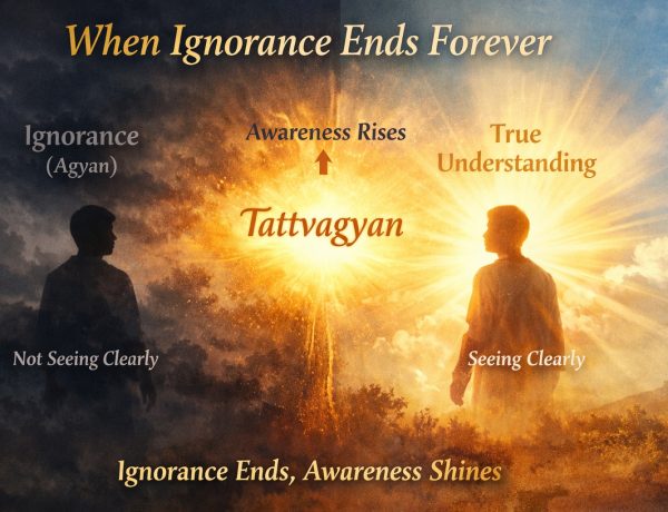 Transformation from ignorance (agyan) to awareness through tattvagyan, showing darkness turning into light