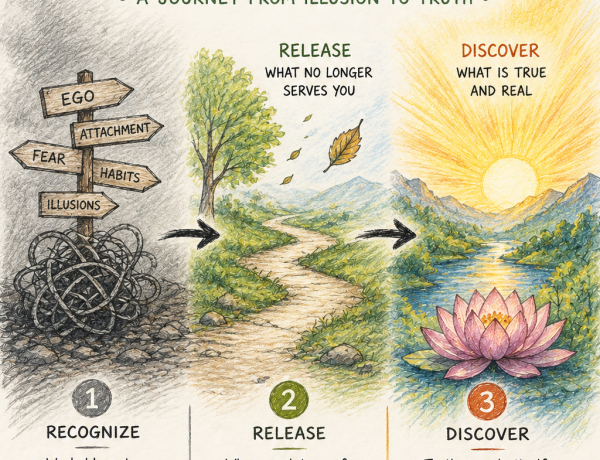 spiritual illustration showing a journey from illusion and attachment toward truth, clarity, and inner peace through nature-inspired scene.