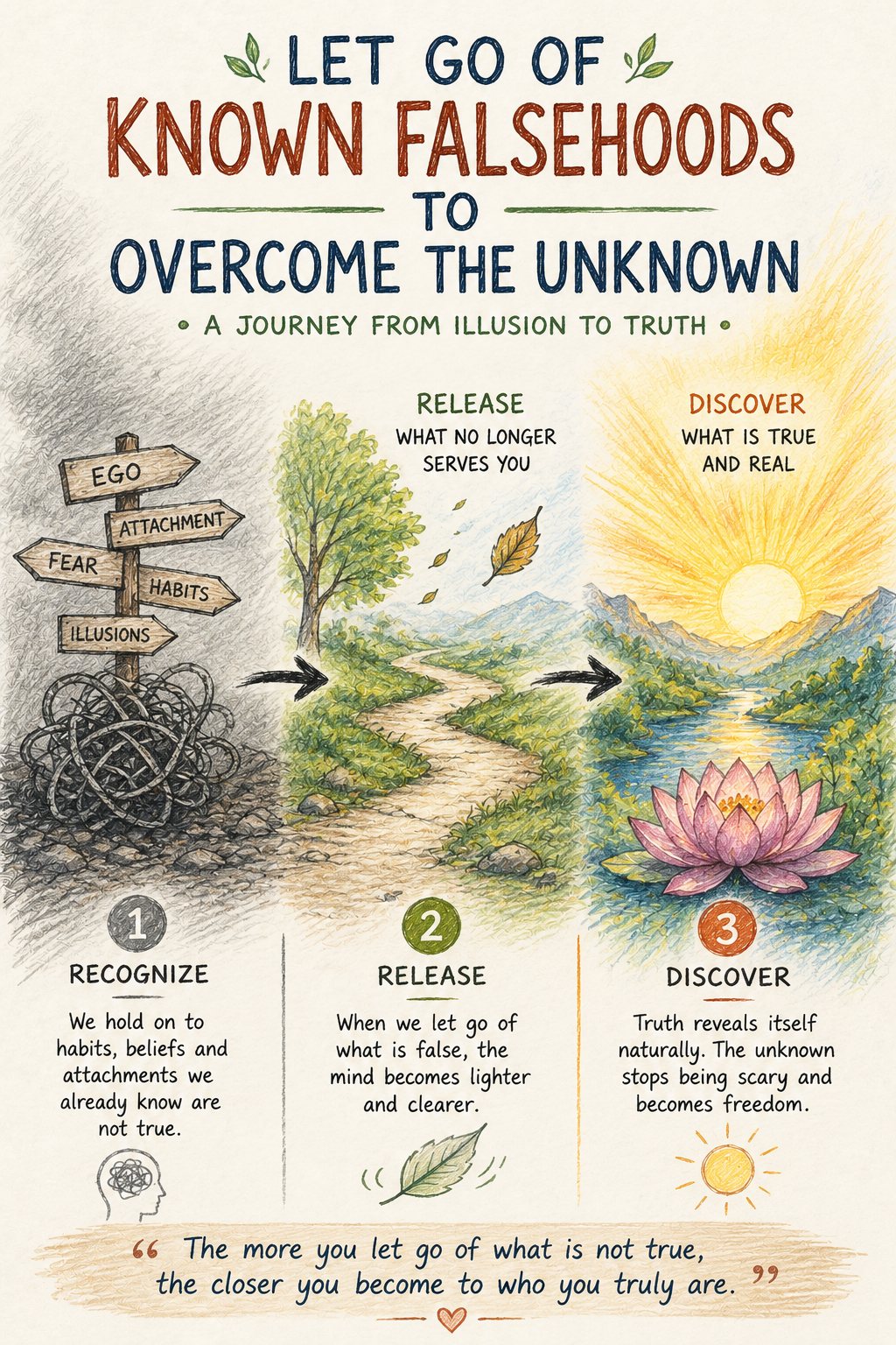 spiritual illustration showing a journey from illusion and attachment toward truth, clarity, and inner peace through nature-inspired scene.