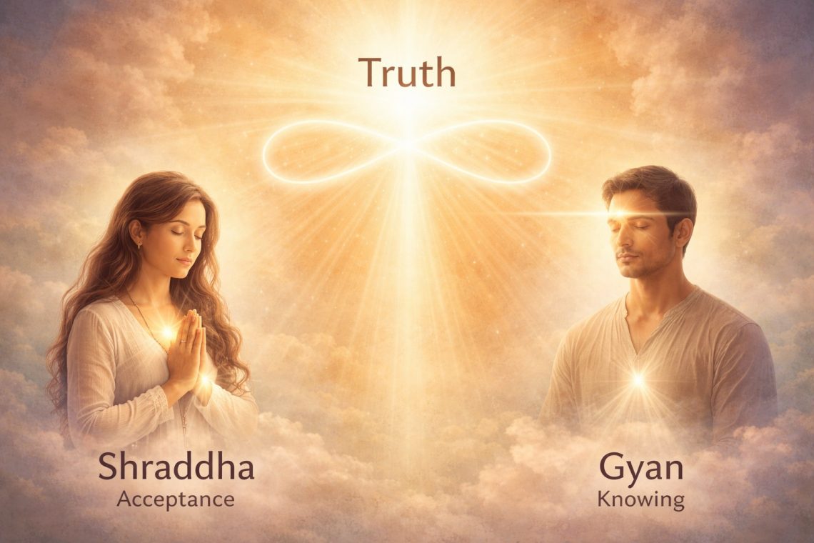 Spiritual illustration showing one truth with shraddha as acceptance and gyan as fixed knowing