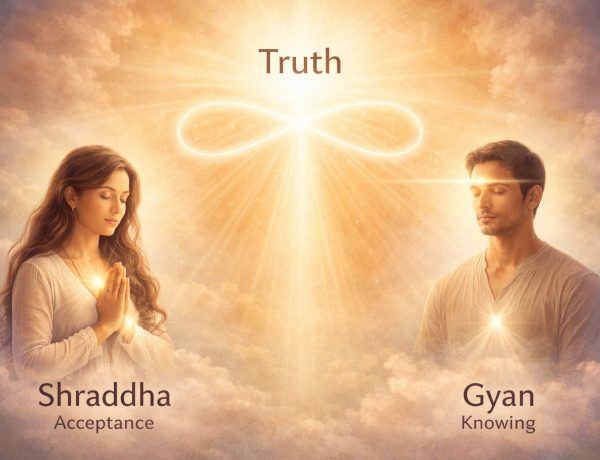 Spiritual illustration showing one truth with shraddha as acceptance and gyan as fixed knowing