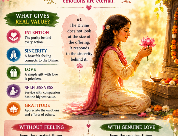 showing emotional connection, heartfelt offering, divine devotion, gratitude, love, sincerity, and the contrast between material objects and inner feeling.
