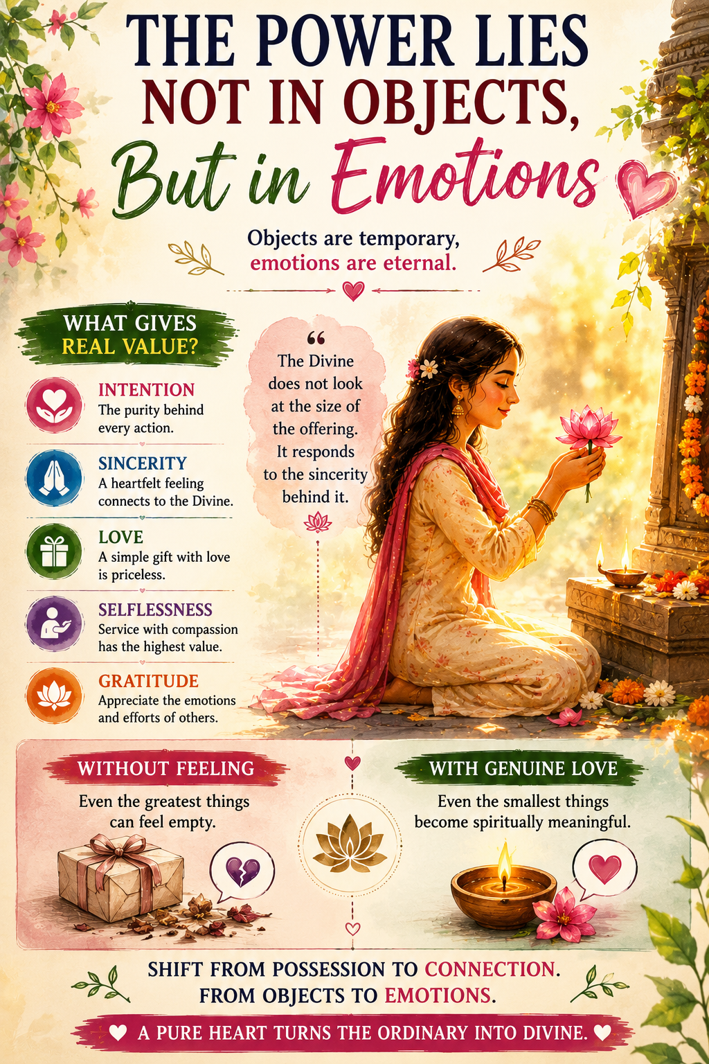 showing emotional connection, heartfelt offering, divine devotion, gratitude, love, sincerity, and the contrast between material objects and inner feeling.