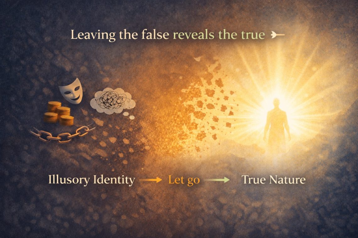 Spiritual illustration showing false identity dissolving into light, revealing true nature (swaroop) as already present