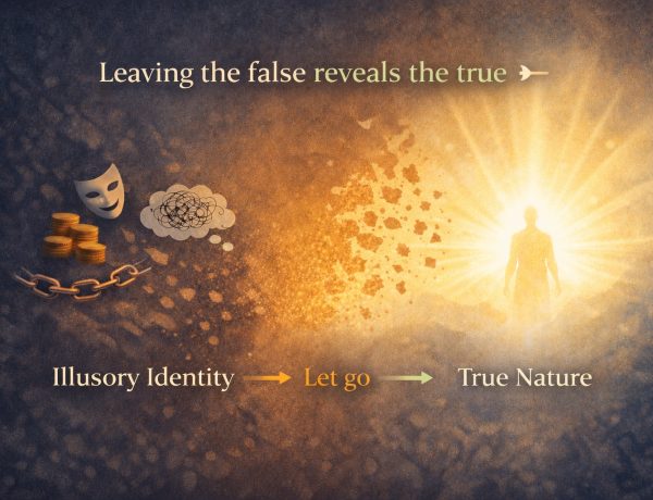 Spiritual illustration showing false identity dissolving into light, revealing true nature (swaroop) as already present
