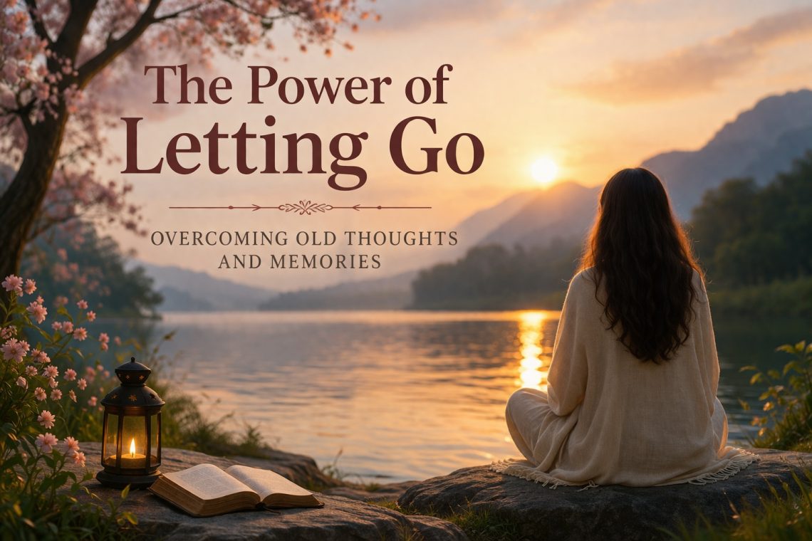 Person sitting peacefully near a lake at sunrise representing awareness, stillness, and letting go of old thoughts