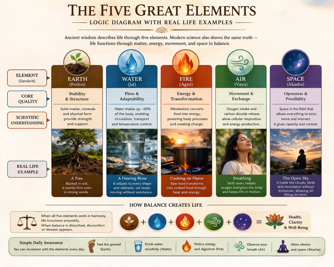 Five great elements diagram showing earth water fire air and space with real life examples and scientific explanation