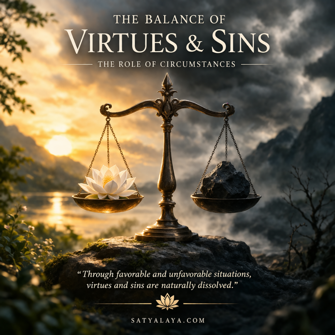 Balance scale showing light and dark representing virtues and sins shaped by life circumstances