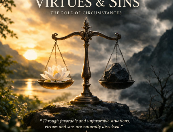 Balance scale showing light and dark representing virtues and sins shaped by life circumstances