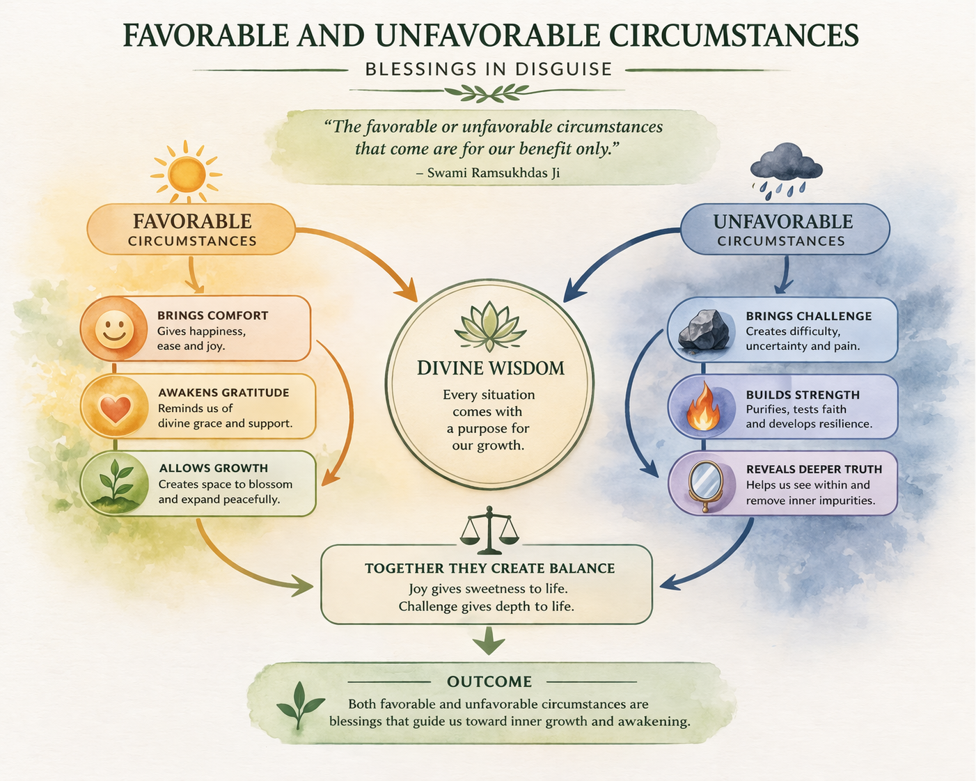 Diagram showing favorable and unfavorable circumstances as part of life balance and harmony