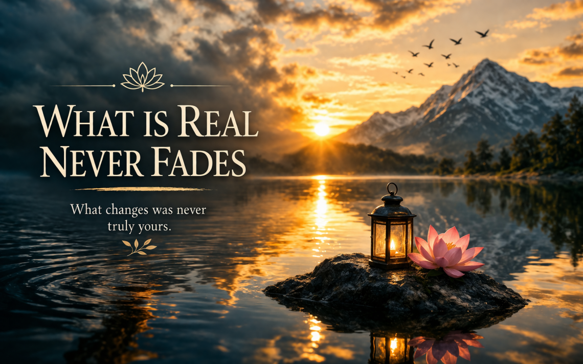 calm lake with mountains and text representing eternal truth and changing reality