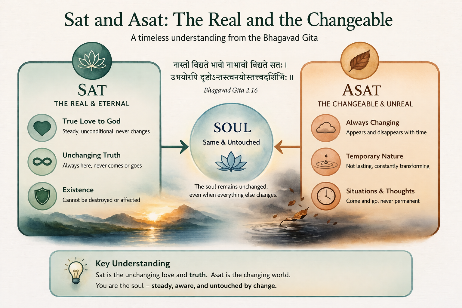 sat and asat diagram showing real unchanging truth and changing temporary world with soul unchanged