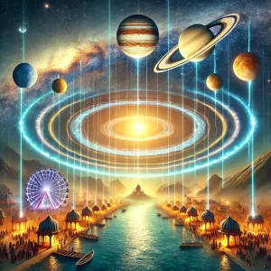 visually striking and logical illustration showing a celestial alignment of planets above a serene confluence of rivers, symbolizing spiritual trans