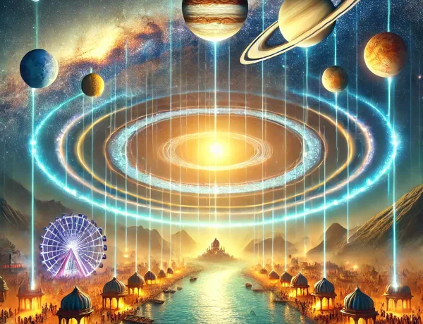 visually striking and logical illustration showing a celestial alignment of planets above a serene confluence of rivers, symbolizing spiritual trans