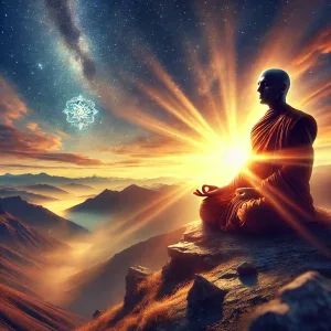Meditating human between heaven and hell representing balance and self realization