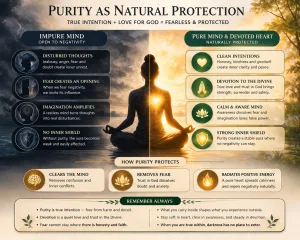 Infographic showing difference between impure fearful mind and pure devoted mind with natural protection