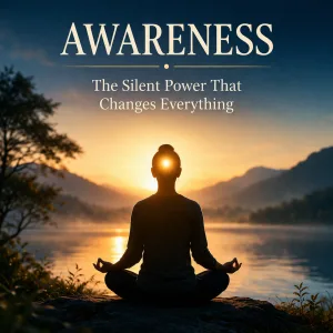 Awareness meditation with glowing light in mind symbolizing inner consciousness and silent power