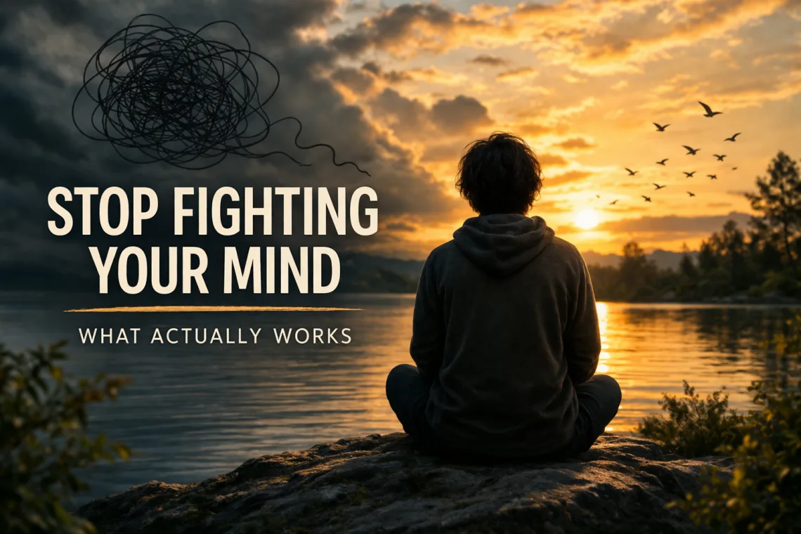person observing thoughts calmly instead of fighting mind