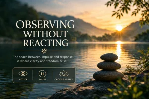 observing without reacting concept with calm lake sunrise and peaceful stillness
