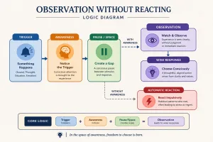 observing without reacting diagram showing awareness pause and response flow