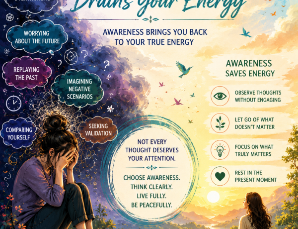 contrast between overthinking and inner peace. An anxious person surrounded by thoughts transitions into a calm landscape representing awareness, mindfulness, and mental clarity.