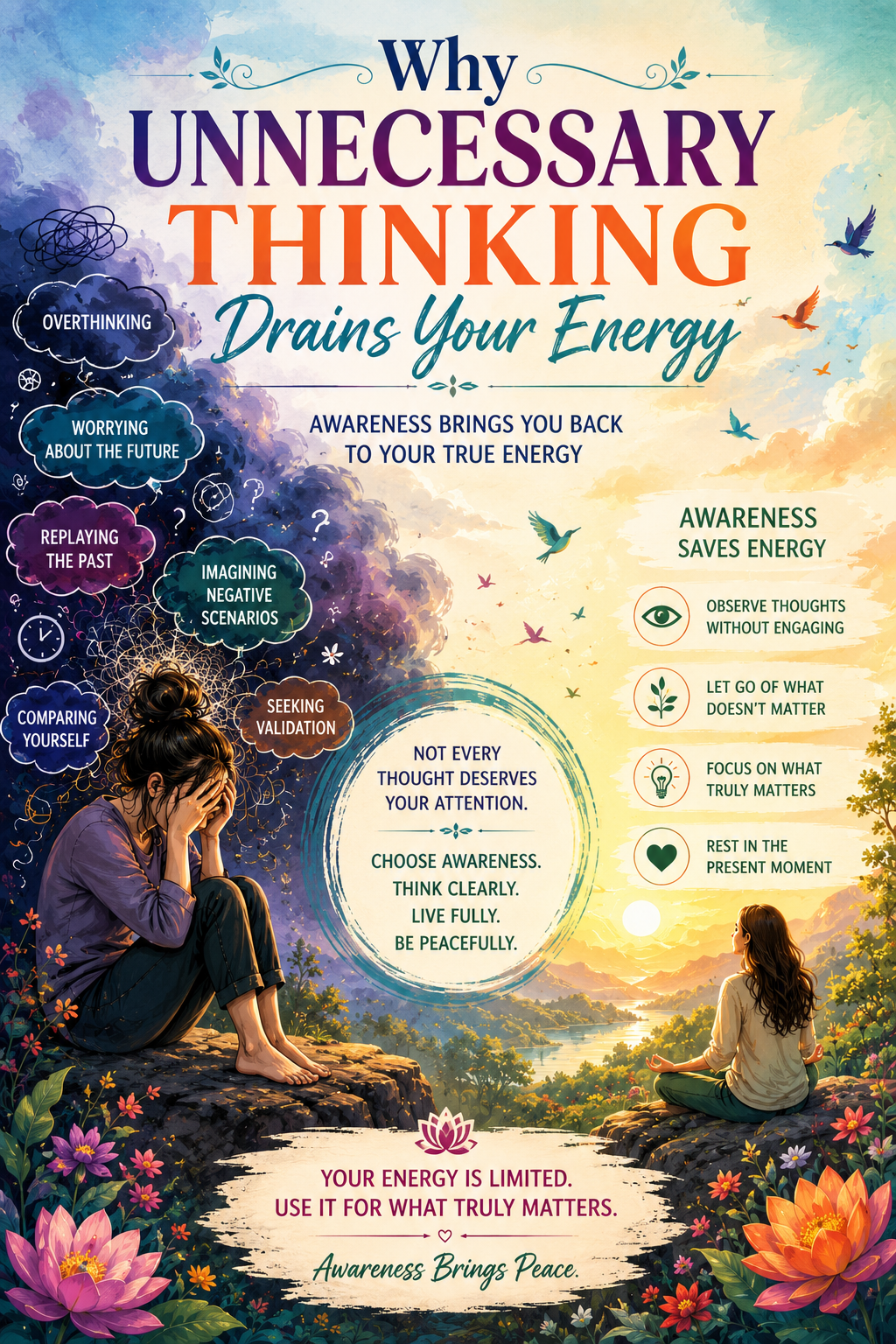 contrast between overthinking and inner peace. An anxious person surrounded by thoughts transitions into a calm landscape representing awareness, mindfulness, and mental clarity.