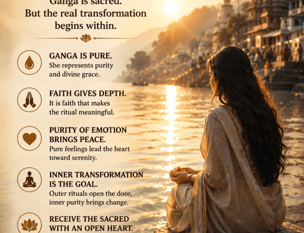 Ganga flowing beside sacred places as a devotee prays, representing faith, purity and divine grace