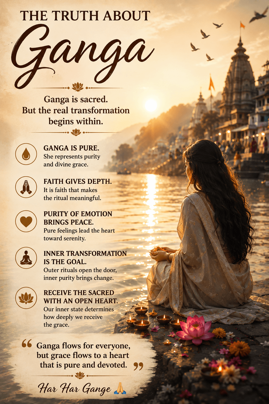 Ganga flowing beside sacred places as a devotee prays, representing faith, purity and divine grace