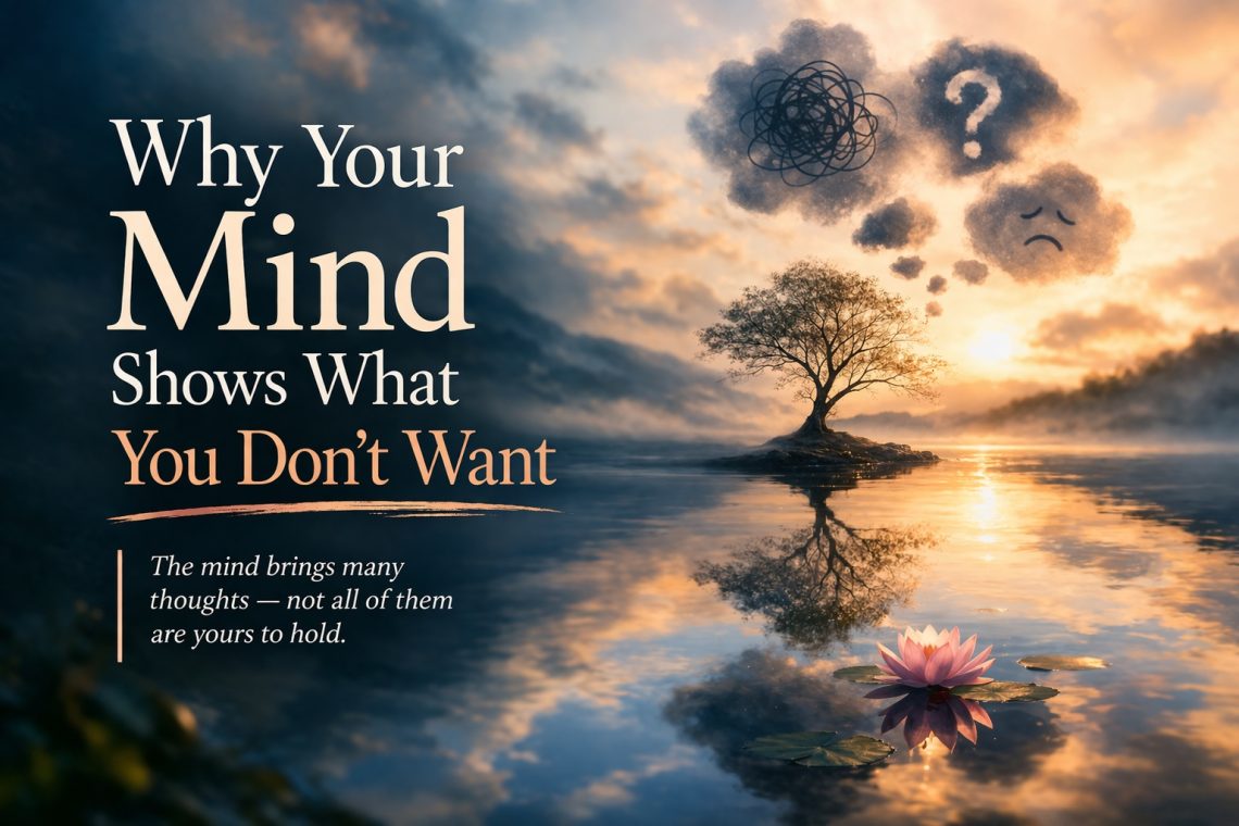 calm lake with lone tree and symbolic clouds representing unwanted thoughts and awareness