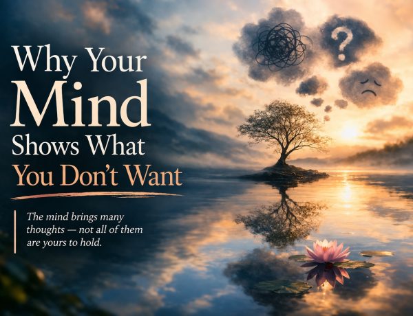 calm lake with lone tree and symbolic clouds representing unwanted thoughts and awareness