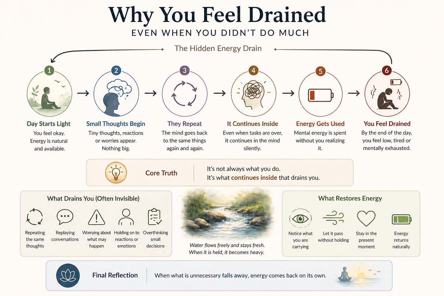 diagram showing how repeated thoughts and internal activity continue and drain mental energy over time