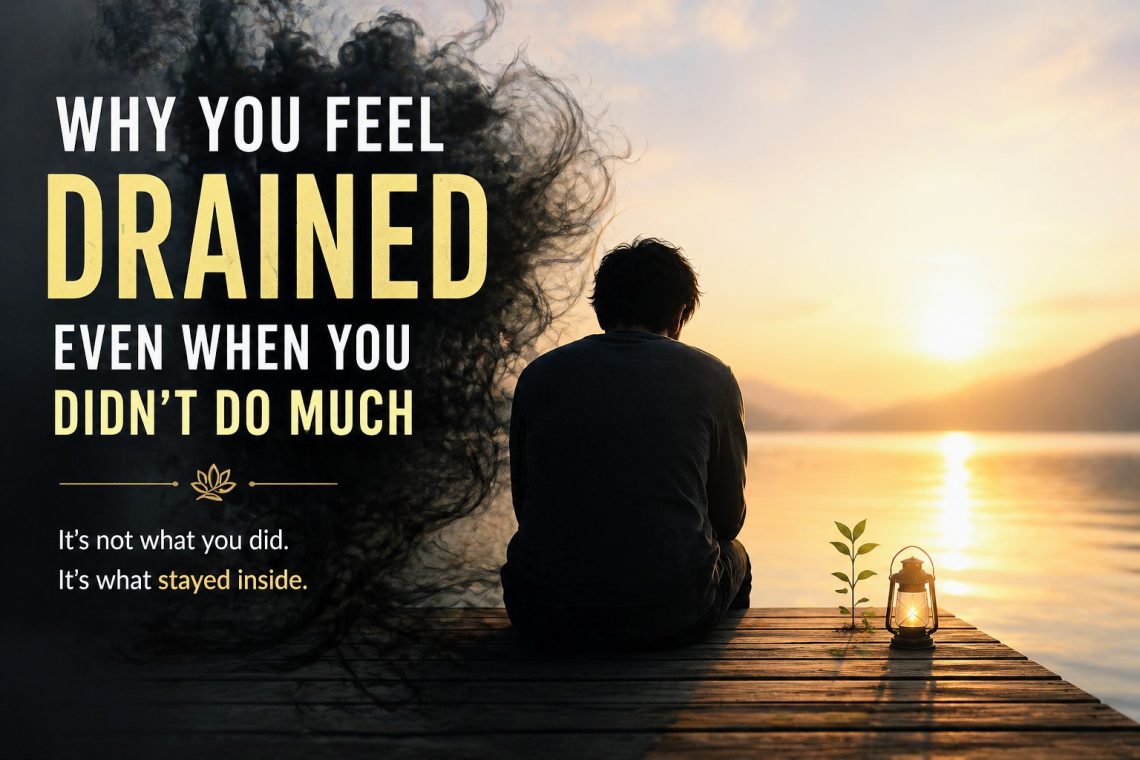 person sitting quietly feeling mentally drained with dark thoughts fading into a calm light background