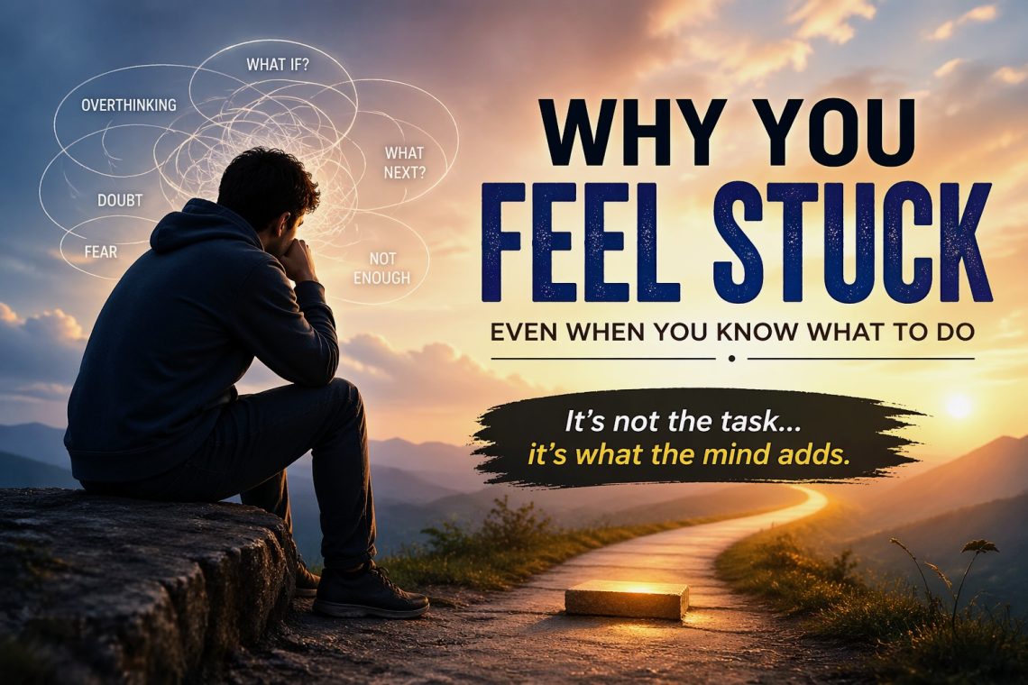 person sitting thoughtfully with looping thoughts around head representing feeling stuck before taking action