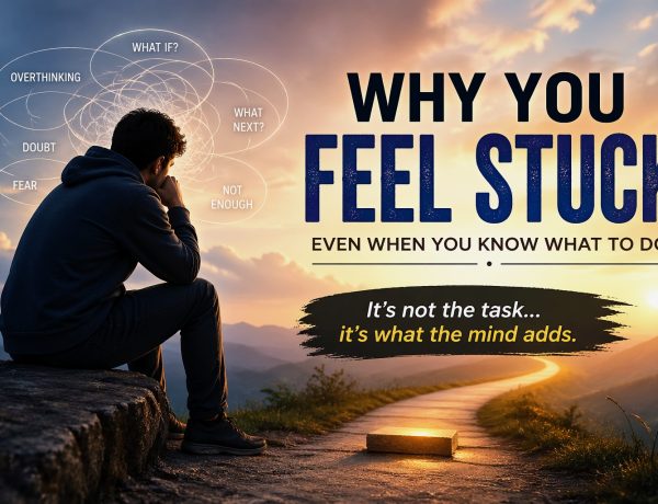 person sitting thoughtfully with looping thoughts around head representing feeling stuck before taking action