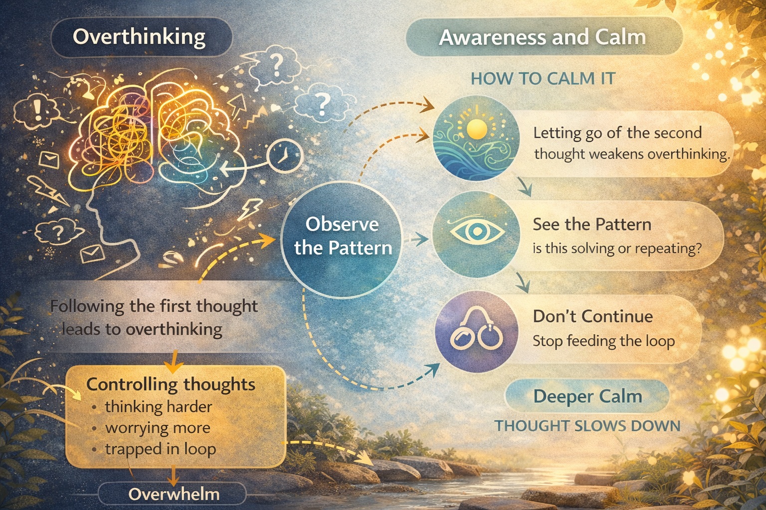 logical diagram showing how overthinking forms through repeated thoughts and how awareness breaks the cycle leading to calm mind