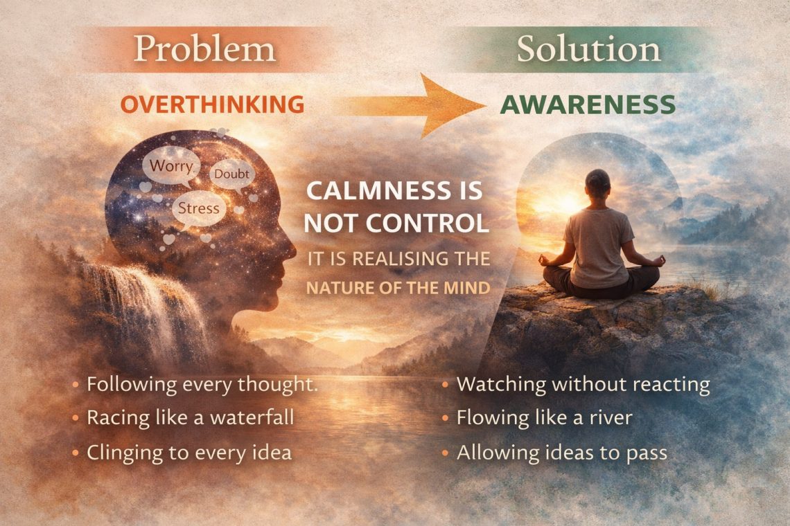 diagram explaining overthinking and awareness showing how thoughts continue when followed and calm comes from observing